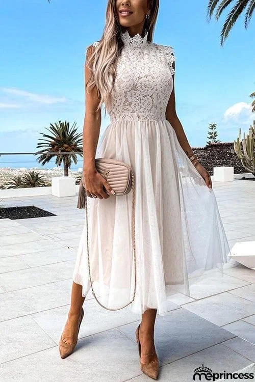 Fashion Lace Solid Sleeveless Dress