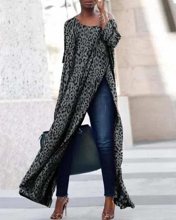 slit basic crew neck leopard printed long sleeve dresses p214044