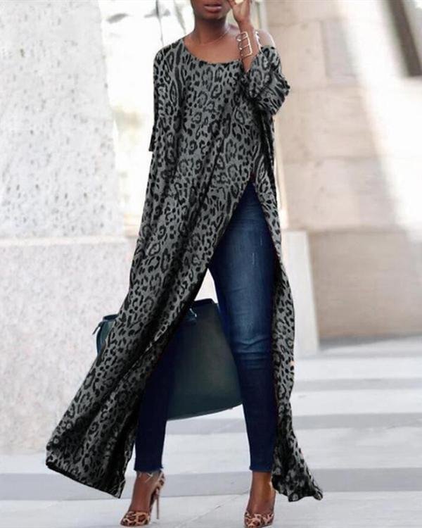 slit basic crew neck leopard printed long sleeve dresses p214044