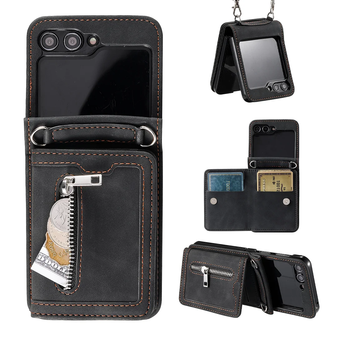 Crossbody Retro Leather Phone Case With 4 Cards Slot,Zipper Slot,Kickstand,Detachable Lanyard And Hinge For Galaxy Z Flip3/Z Flip4/Z Flip5