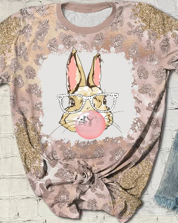 Cute Bunny With Glasses Bubblegum Print V Neck T-shirt