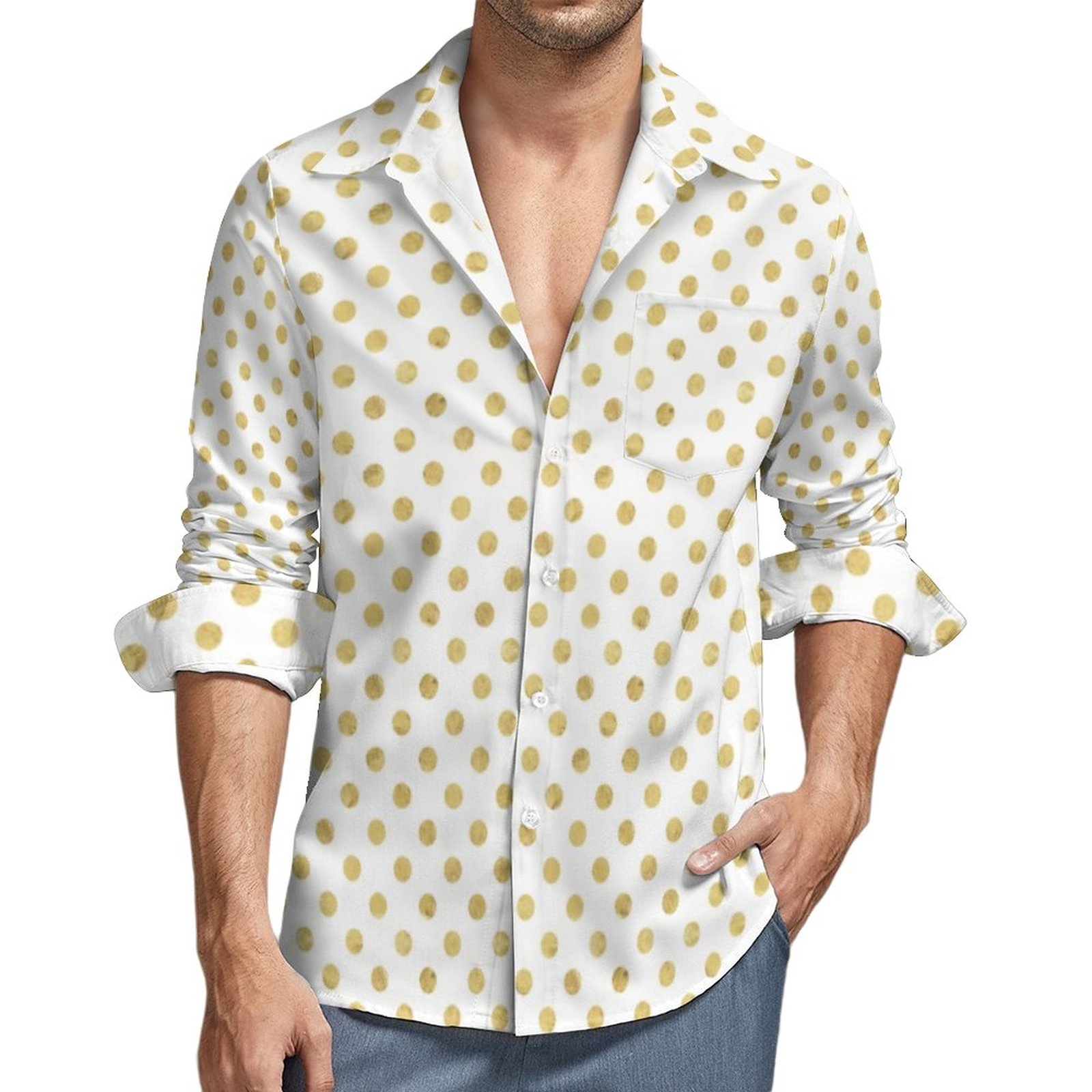Elegant Gold Foil Polka Dot Gold White Men's Casual Long Sleeve Button Down  Pocket Shirt