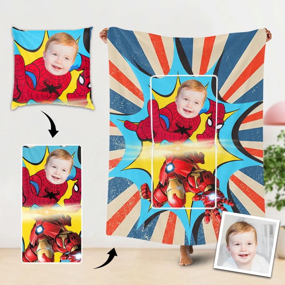 Custom Travel Blanket Personalized Spiderman And Ironman Pillow Blanket