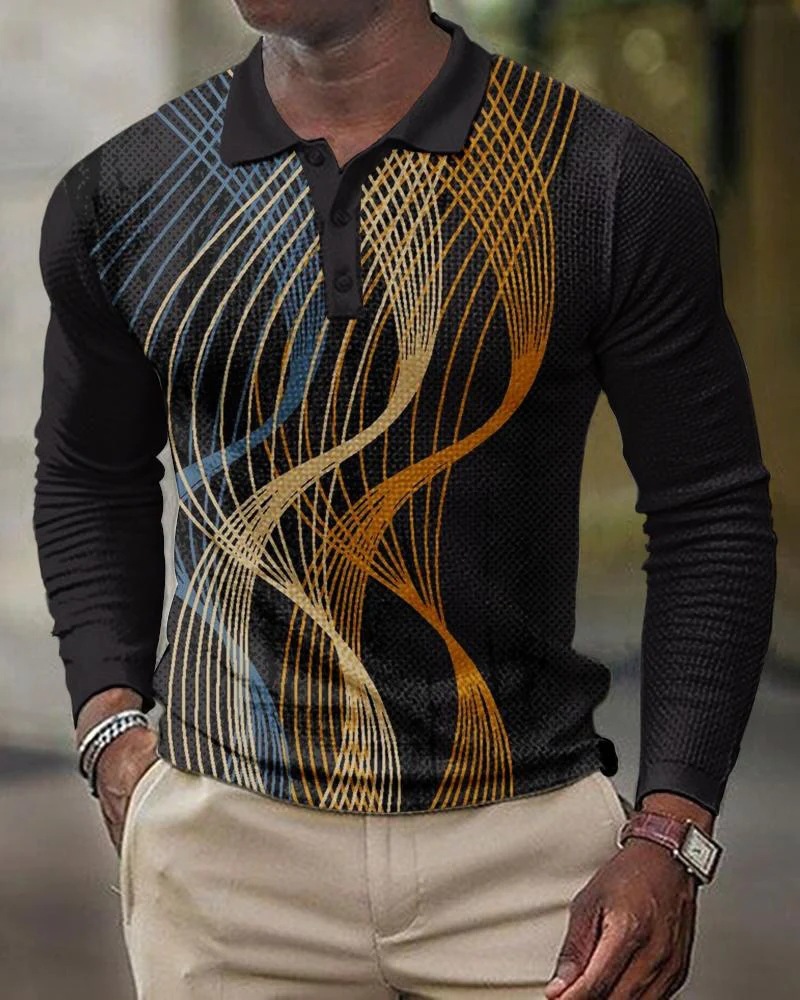Fashion Lapel Men Polo Shirt Casual Plaid Long Sleeve T Shirts Top