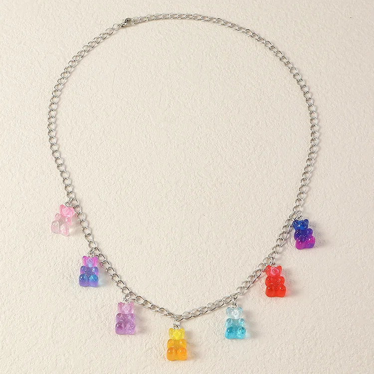 Nai Beading Trendy Girl Necklace Colorful Gradient Bear Necklace Disco Jumping Cool Earth Accessories