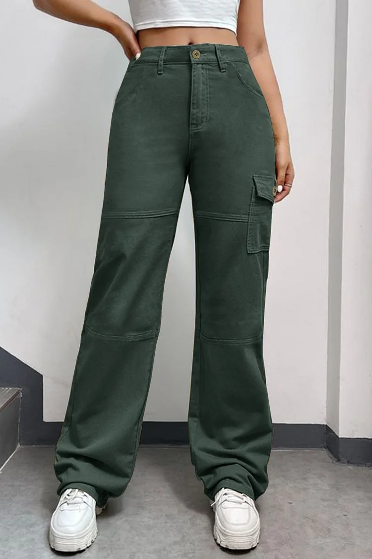 Green Casual Solid Patchwork High Waist Regular Denim Jeans