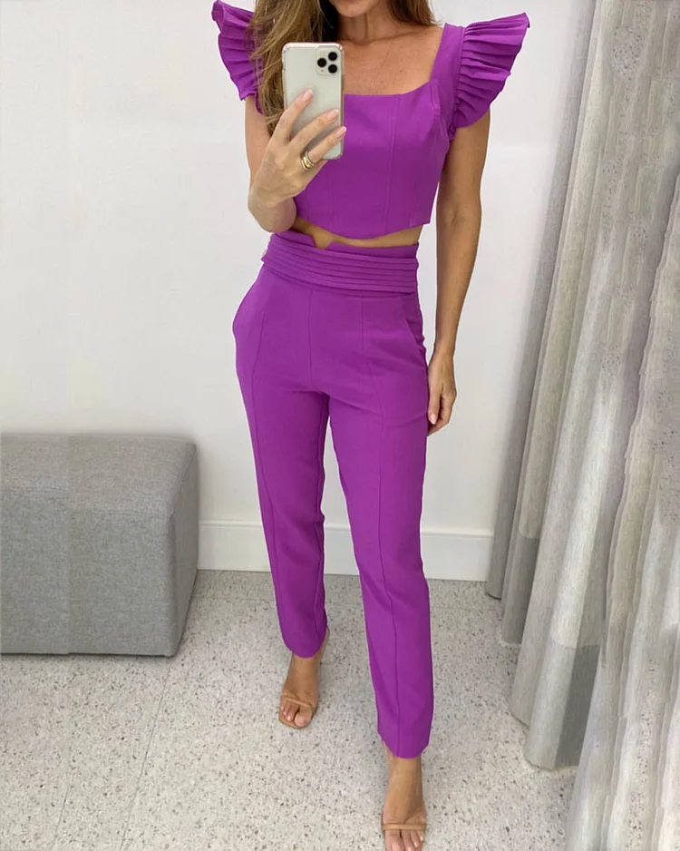 Solid Color Square Collar Top & Pants Two-piece Set