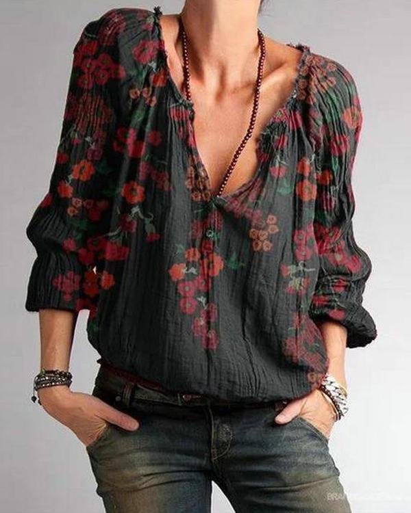 Plus Size Black Floral Cotton-Blend V Neck Casual Shirts & Tops