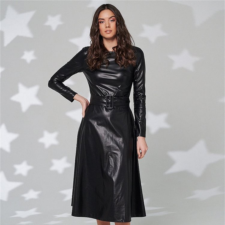 Shiny Patent Leather Puff Sleeve Turtleneck Dress Women Pvc Bodycon Ruffled Midi Dress Casual Long Sleeve Pu Mermaid Dress - BlackFridayBuys