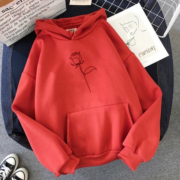 New Fashion Ladies Girls Cute Rose Flower Printed Hoodies Thin Fleece Long Sleeve Casual Pullovers Women Hooded Sweatshirts