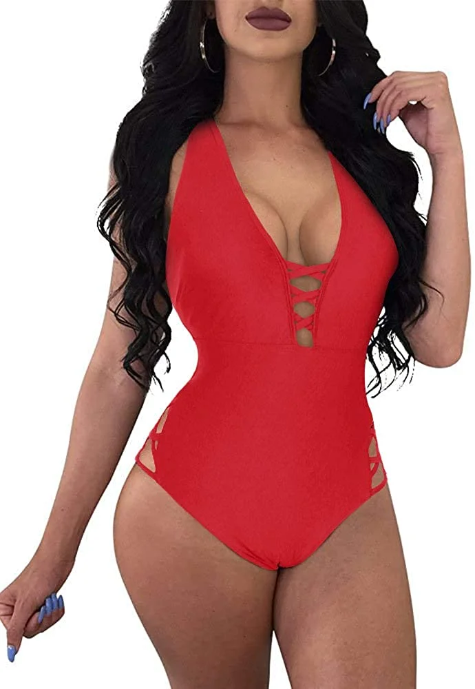Women Sexy One Piece Swimsuit Lace Up V Neck Plunge Crisscross Bathing Suit (Small Red)