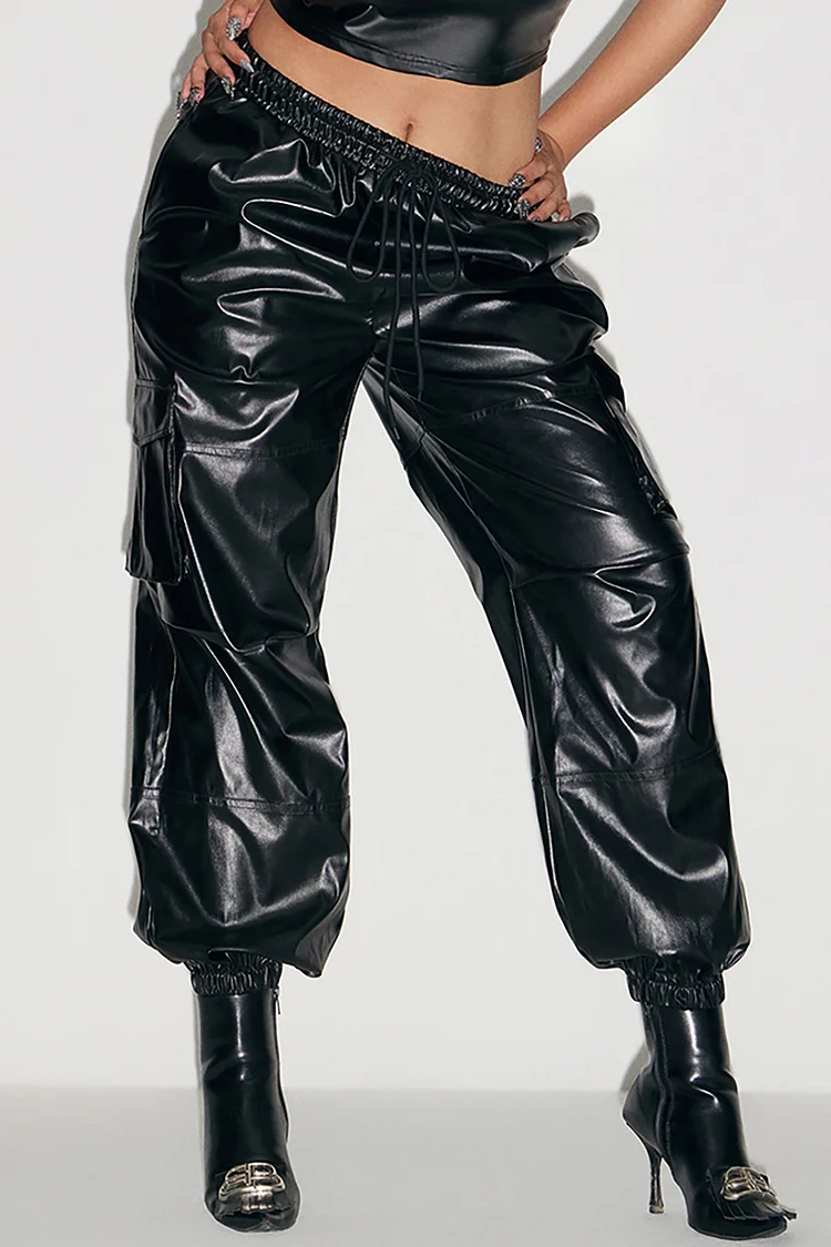 Plus Size Cocktail Party Pant Black Pu-Leather Cargo Pant [Pre-Order]