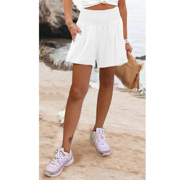 Solid Color High Waist Stretch Shorts Elastic Waist Wide Leg Casual Pants socialshop