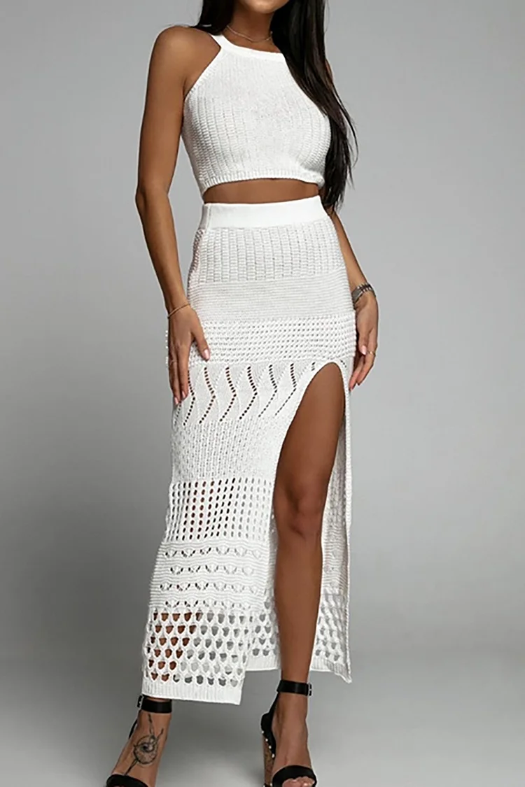 White Crochet Sleeveless Crop Top Hollow Out High Slit Midi Skirt Matching Set