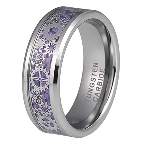 Women's or Men's Tungsten Carbide Wedding Band Watches Gear Rings,Wedding ring band Violet Purple Carbon Fiber Inlay Silver Band with Silver Mechanical Gears,Tungsten Carbide Ring With Mens And Womens Rings For 6MM 8MM