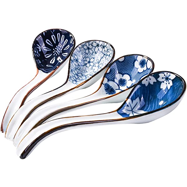 Japanese and Korean Soup Spoon set of 4, Long Curved Handle Asian Retro