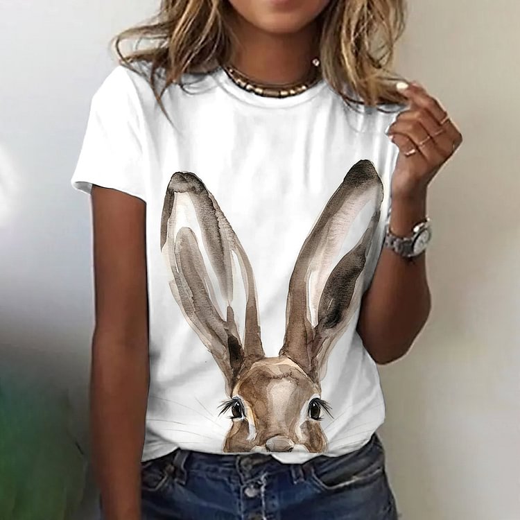 VChics Simple Bunny Print Round Neck T-Shirt