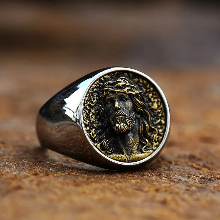 Vintage Jesus Embossed Stainless Steel Ring