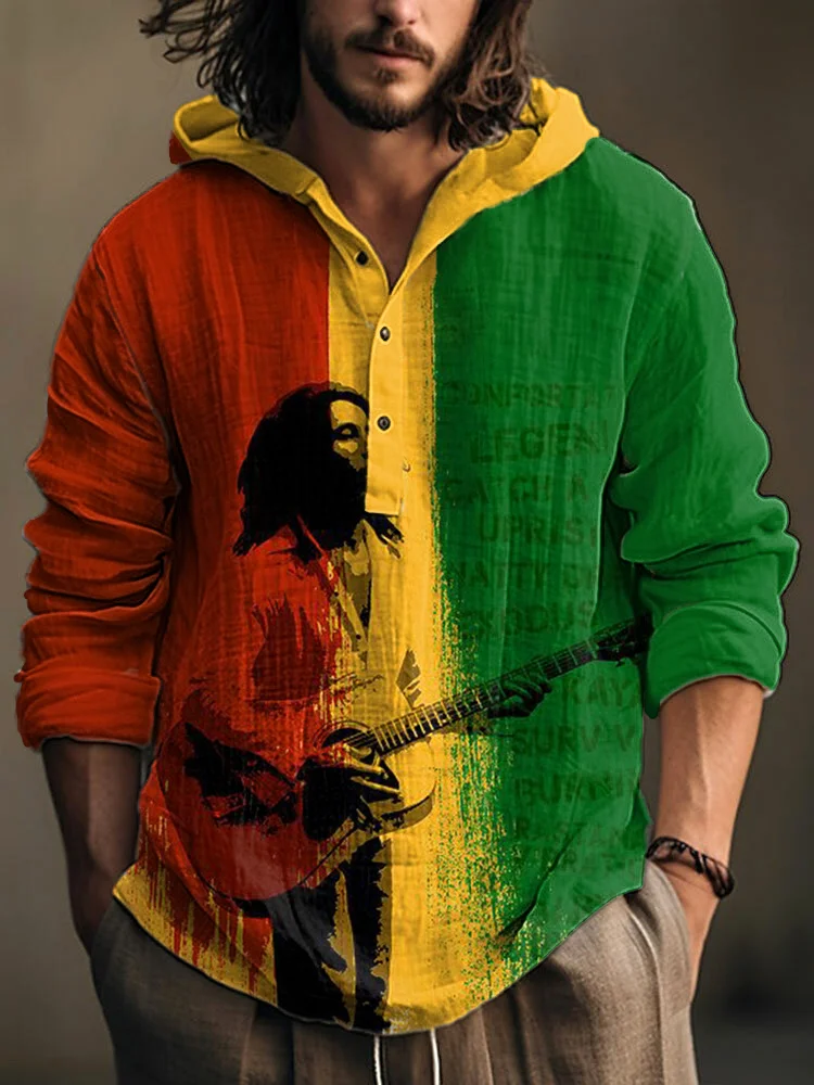 Comstylish Reggae Music Bob Marley Print Linen Blend Hooded Shirt