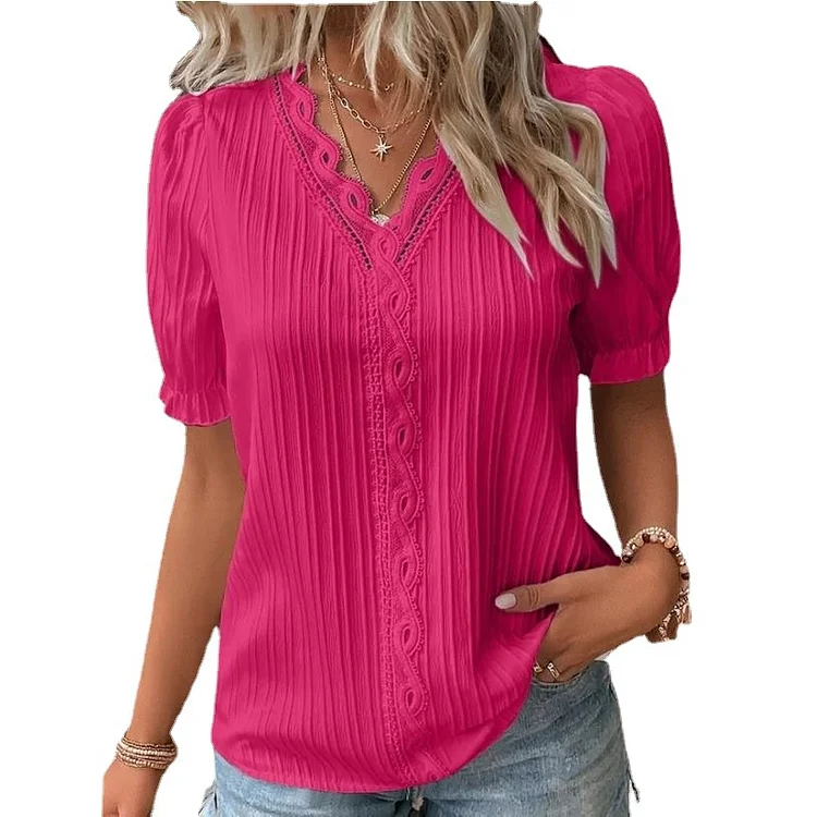 Summer Holiday Fashion V-neck Hollow-out Short-sleeved European and American Women's Shirt