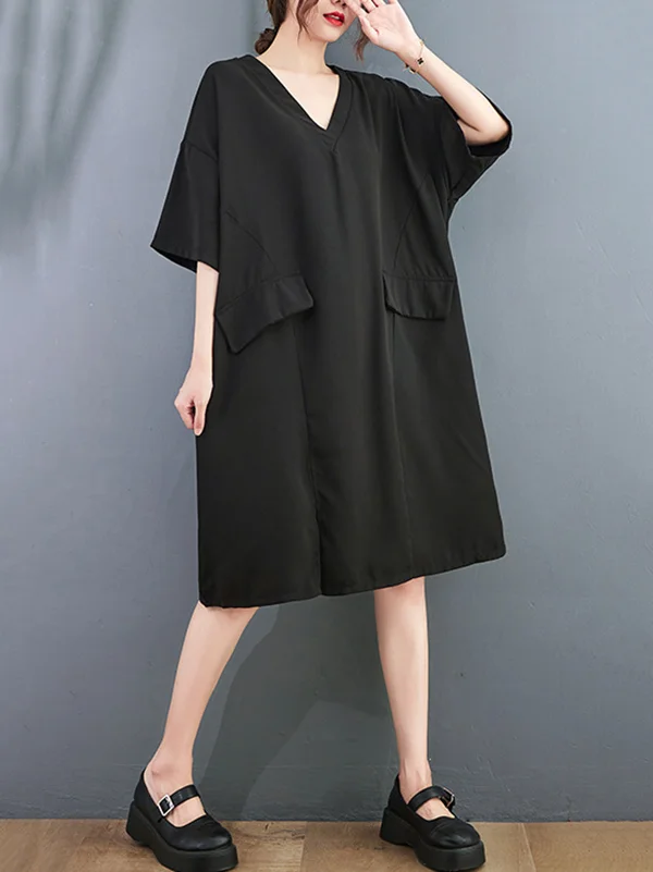 Minimalist Pure Color Split-Side V-Neck Midi Dress