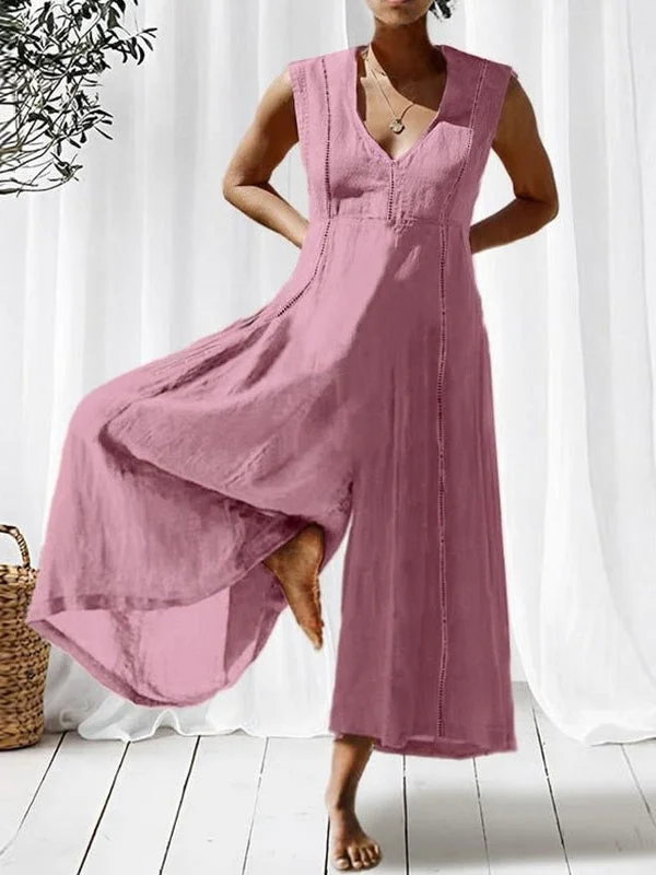 Women's Simple Loose Sleeveless V-neck Jumpsuits