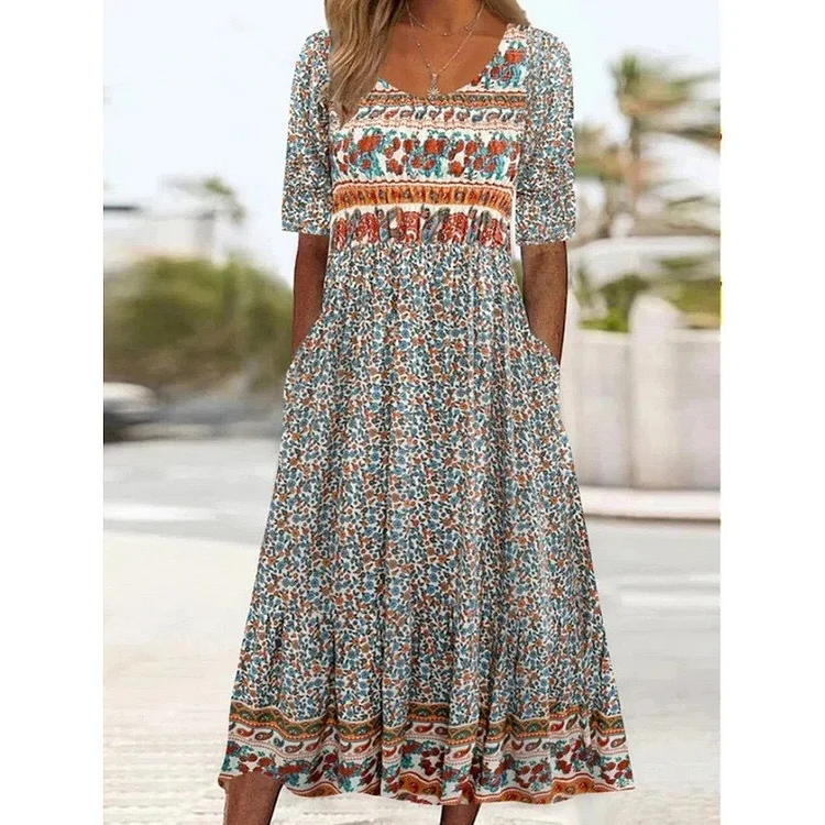 Bohemian Round Neck Printed Dress socialshop