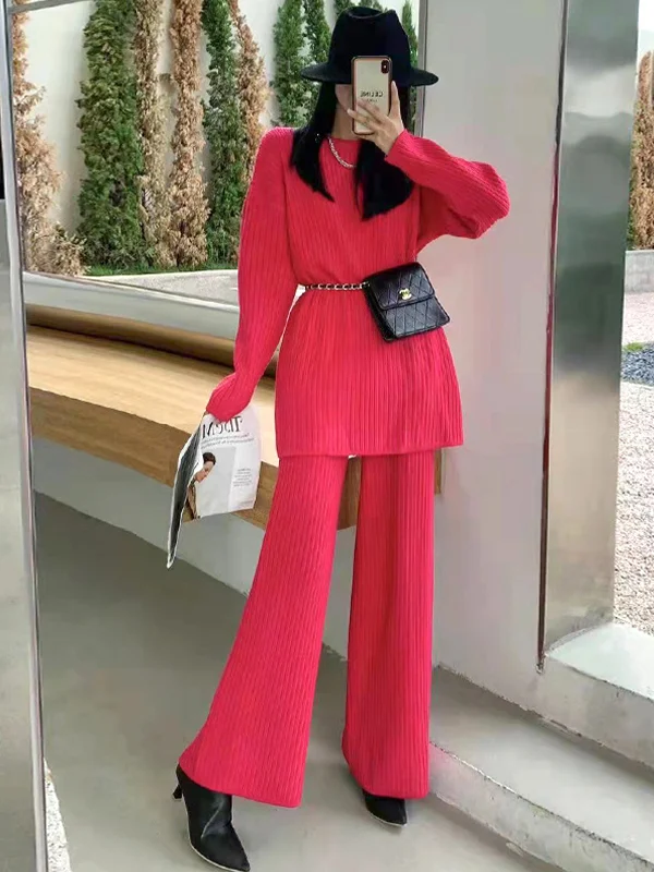 Simple Solid Color Sweater And Trousers Two-Piece Set