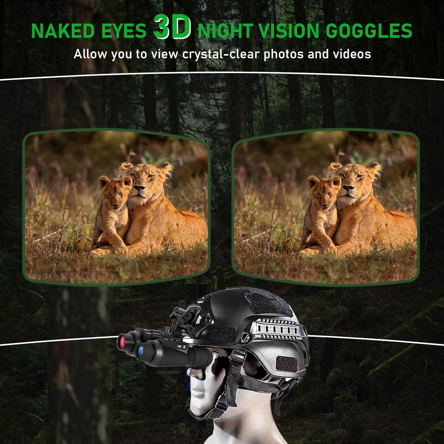 BekinTek Dual Eye 3D View Helmet Mounted Night Vision Binoculars Head Mountable Goggles Rechargeable Optics Telescope IR Full Dark Observing Adjustable Pupil Distance 7x Infrared 8x Digital Zoom 4K Video 36M Photo Independent Diopter Adjust 4 Color Effect 7