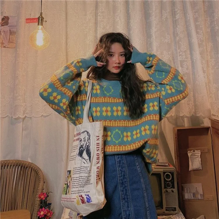 RETRO OVERSIZE PASTEL STRIPED SWEATER V038