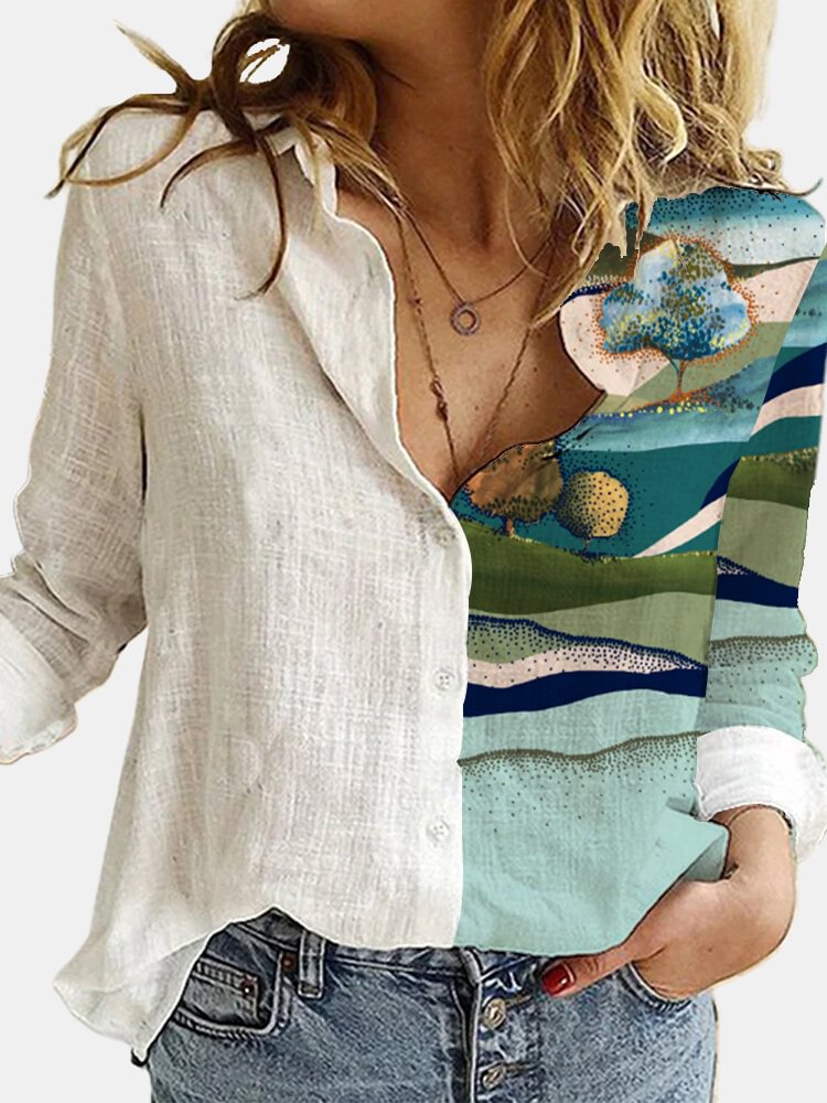 Plant Printed Long Sleeve Turn down Collar Patchwork Blouse For Women P1732152