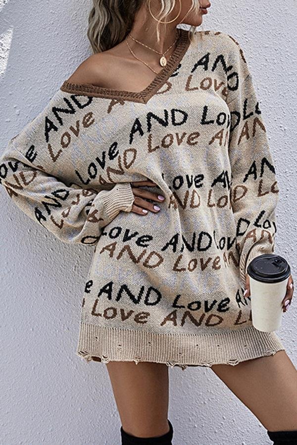 English letter V Neck Sweater Dress P11426
