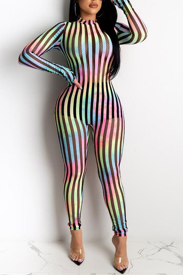 Rainbow Stripes Sheer Mesh Patchwork Jumpsuit