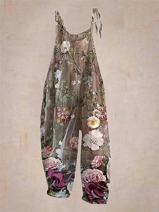 Women'S Print Floral Crew Neck Casual Jumpsuit