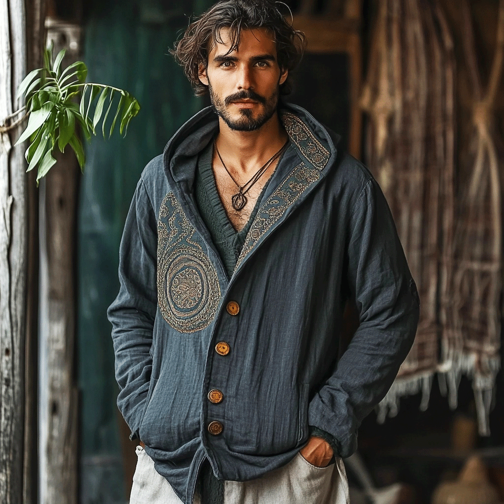 Men's Linen Aztec Hooded Jacket-inspireuse