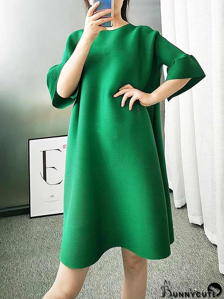 Stylish Selection Flared Sleeves A-Line Pleated Solid Color Round-Neck Midi Dresses