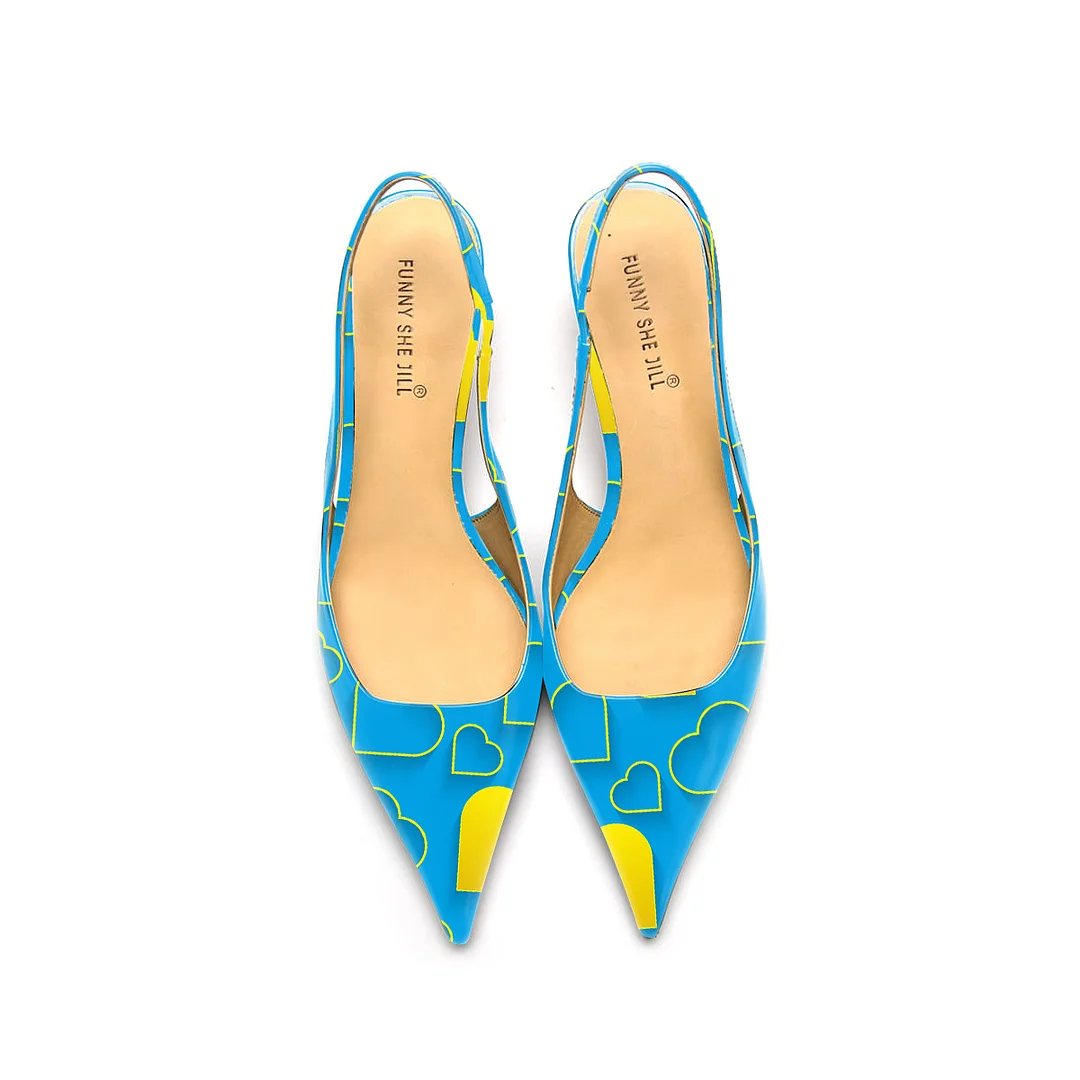 Blue Patent Leather Pointed Toe Elegant Kitten Heel With Heart Pattern Nicepairs