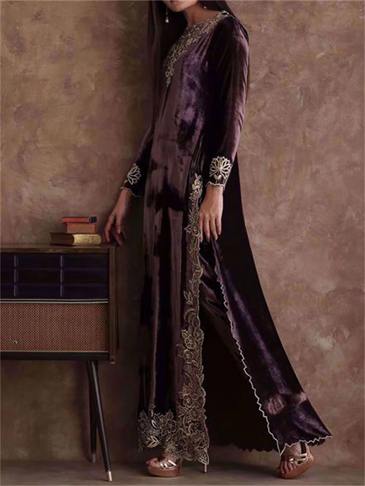 Vintage Embroidery Long Sleeve High Slit Velvet Maxi Dress