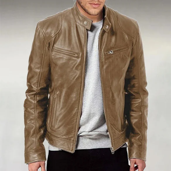 Men's Business PU Leather Stand Collar Zipper Pockets Jacket