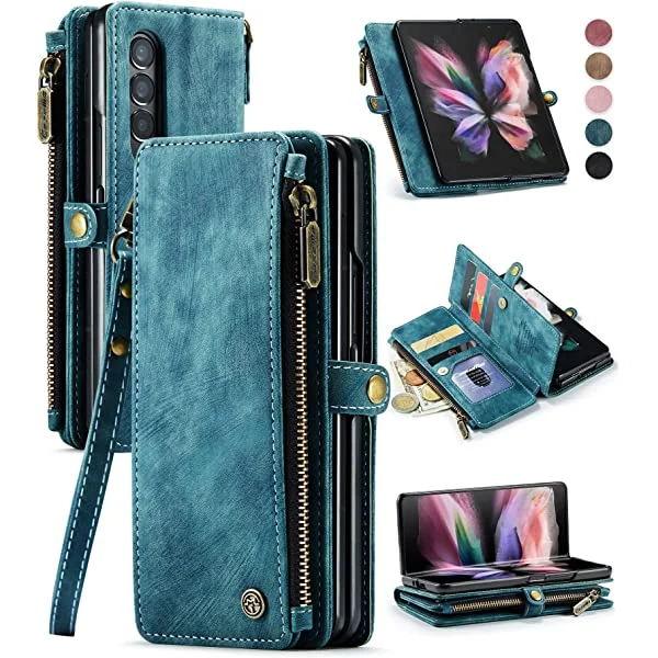 Durable PU Leather Magnetic Wallet Flip Lanyard Strap Wristlet Zipper Card Holder Phone Case for Galaxy Z Fold 3 5G