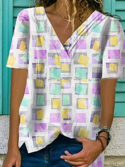 Cotton-Blend Printed Casual Short Sleeve Shirts & Tops Zaesvini