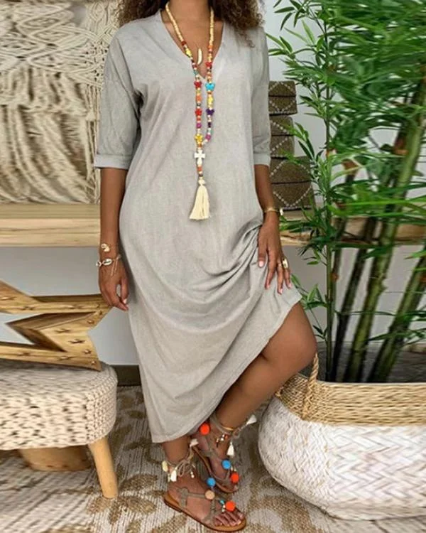 casual solid paneled v neck half sleeves maxi dress p322713