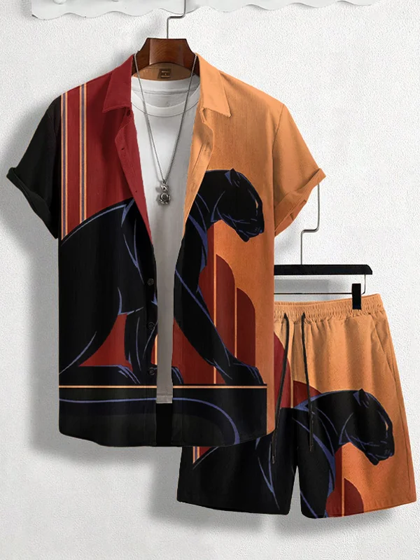 Men's Panther Geometric Art Print Short Sleeve Shirt Set