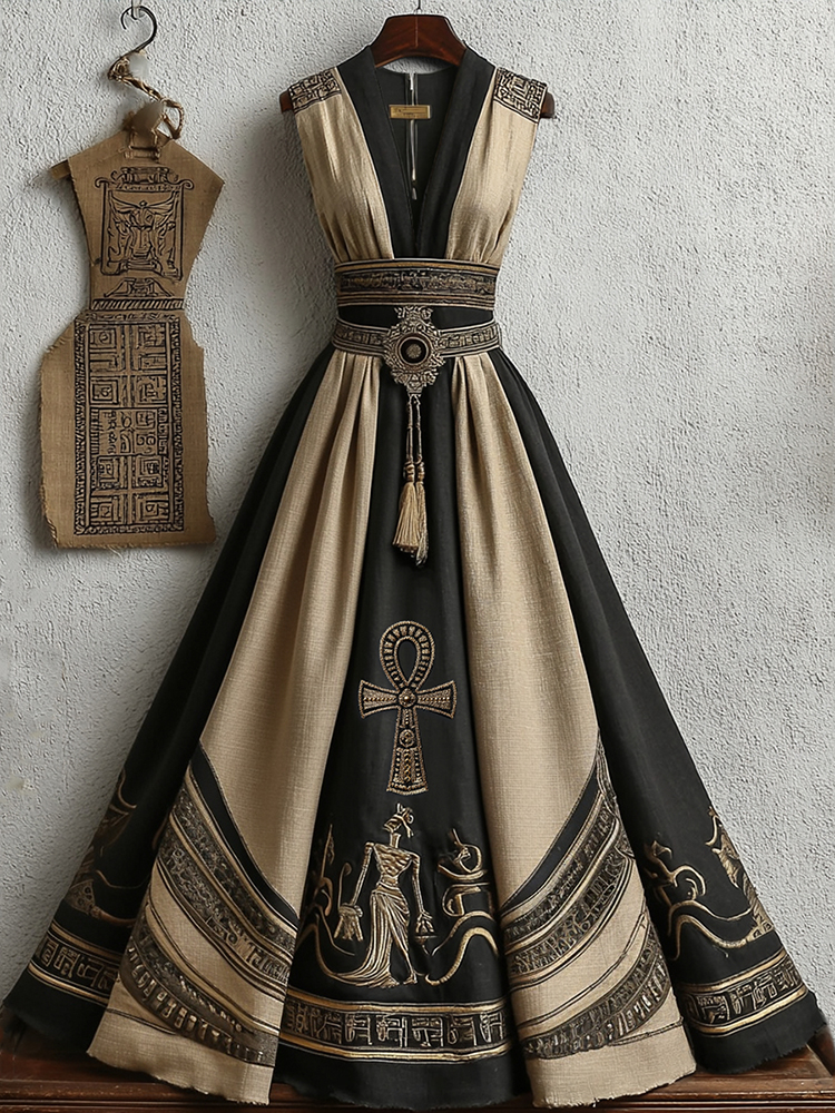 Retro Egyptian Mythical Cats Art Print Vintage V-Neck Lace Waist Belt Sleeveless Maxi Dress main image 1
