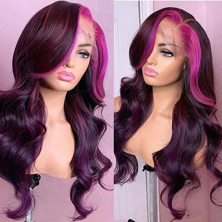 Side Part Highlight Pink Purple Body Wave Transparent Lace Front Wig