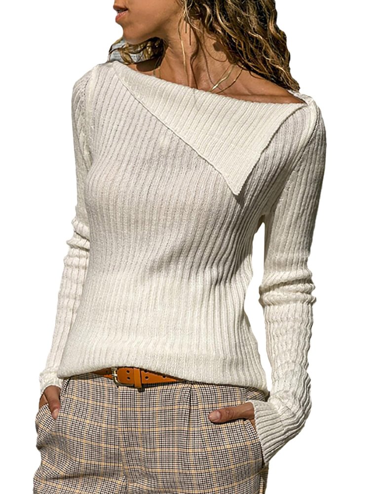 Elegant Women Office Ladies Classic Tops Long Sleeve Casual Asymmetrical Fashion Collar Solid Knitted Slim Fit Female Sweater - BlackFridayBuys