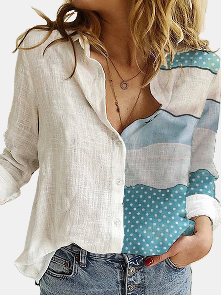 Print Patchwork Lapel Collar Long Sleeve Button Blouse P1732241