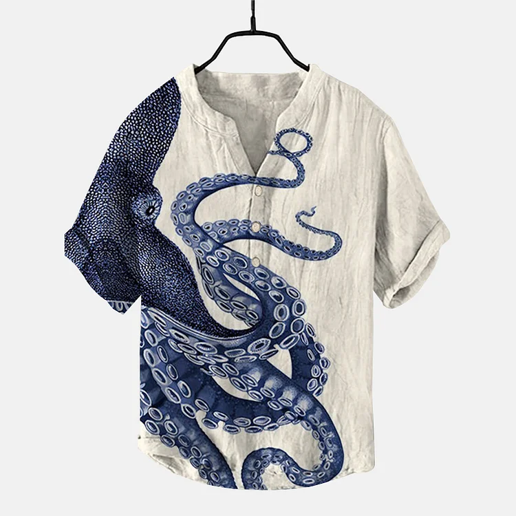 Men's Casual Stand Collar Buttons Octopus Pattern T-shirts