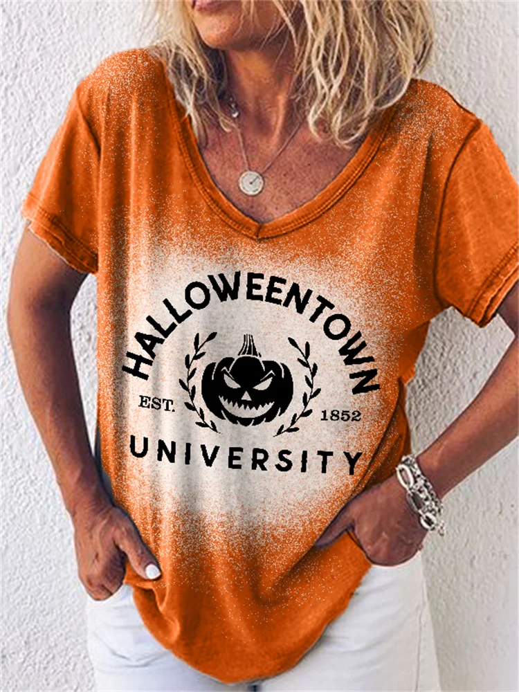 Vefave Halloween Town University Graphic Bleached T Shirt