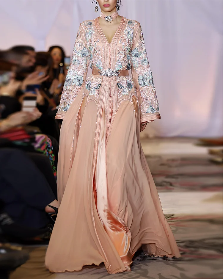 Women's V-Neck Long Sleeve Embroidered Kaftan Dress